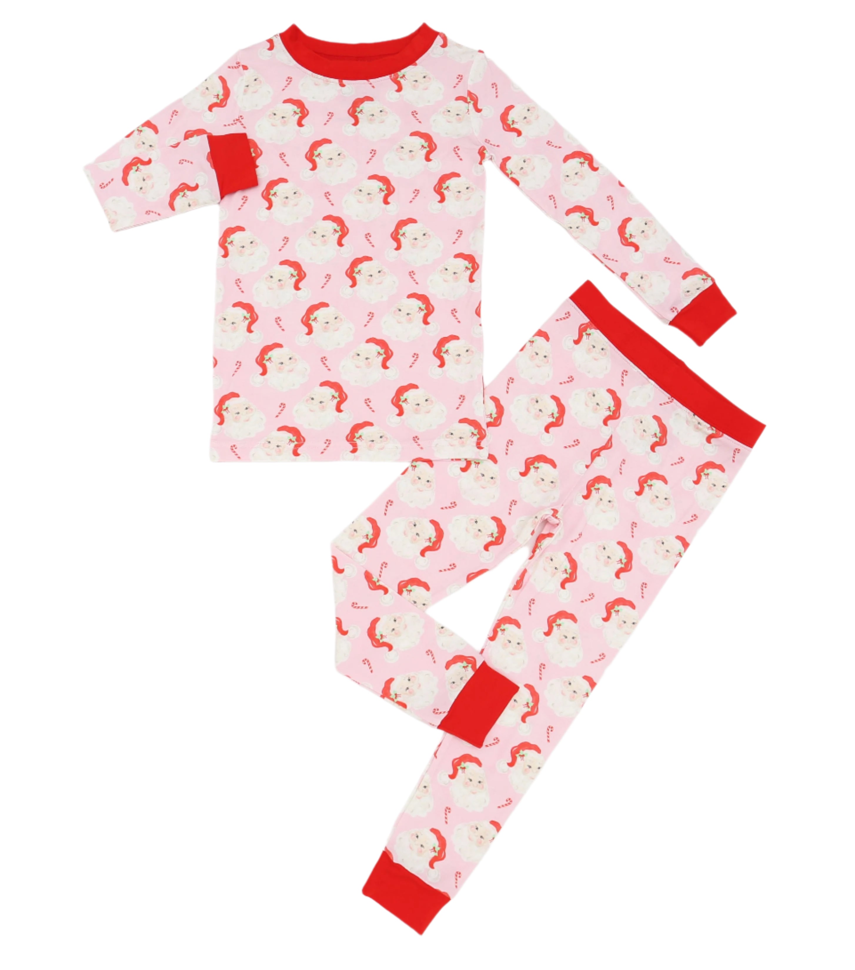 Children's pajama set with pink and red pattern on a white background